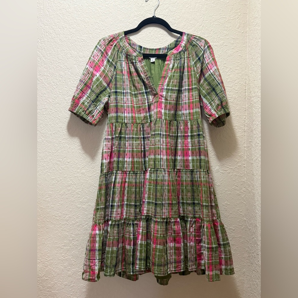 crown & ivy, Green and Pink Plaid Tiered Mini Dress, Size S